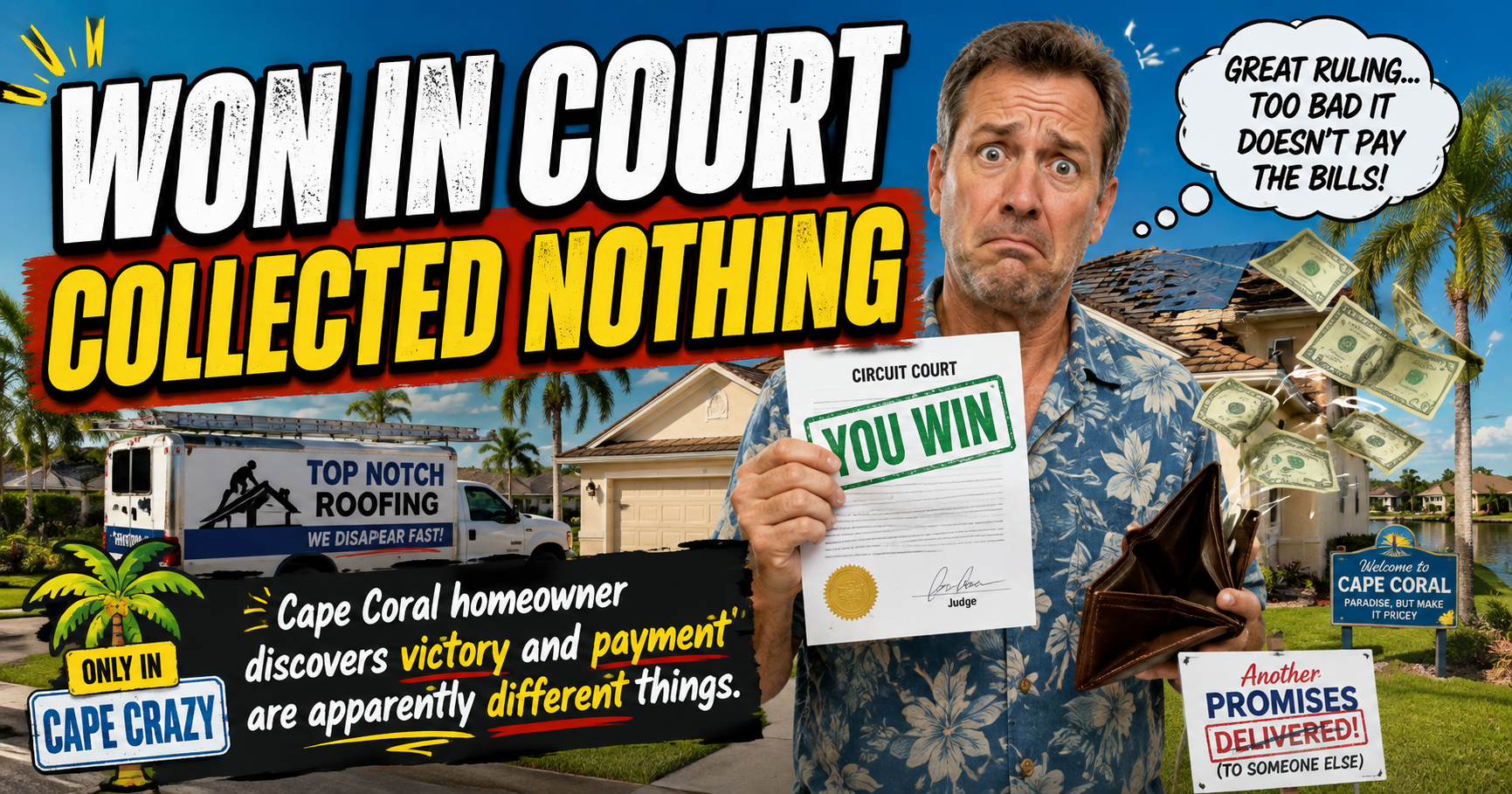Cape Coral Homeowner Wins in Court Against Roofer — Collecting the Money Is Apparently the Bonus Round