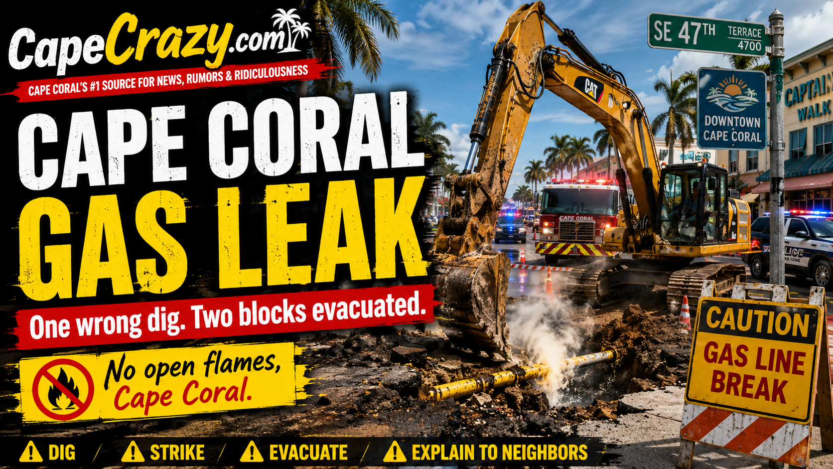 Excavator Hits Gas Line in Cape Coral, Prompting Evacuations Near SE 47th Terrace