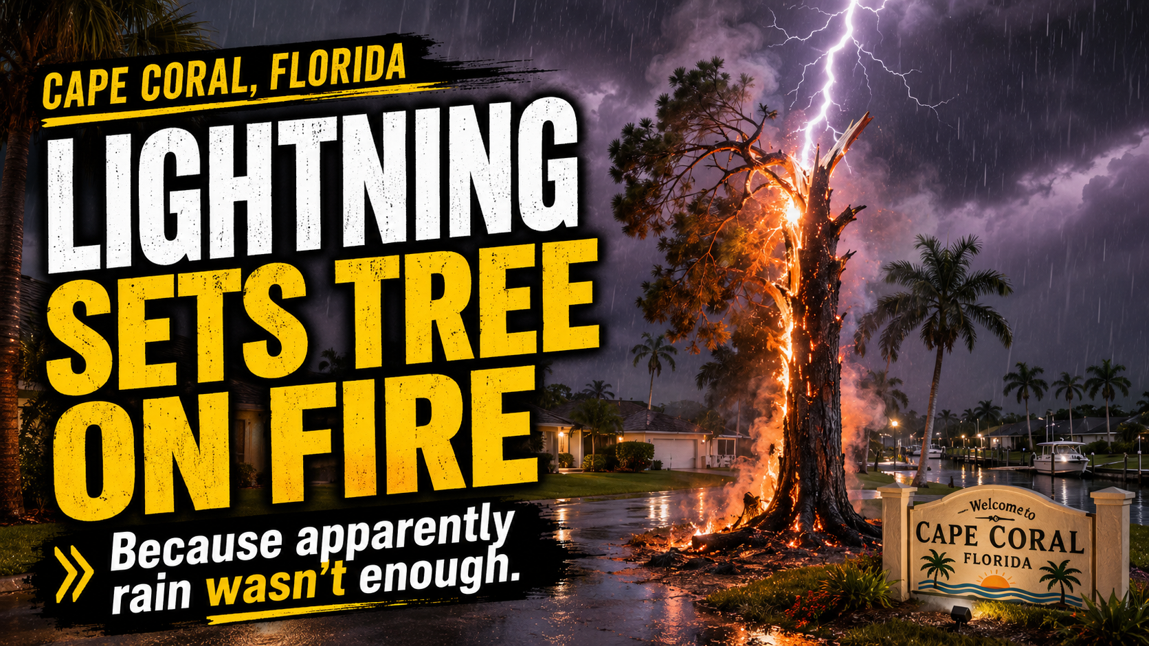 Featured image showing a lightning strike sparking a tree fire in Cape Coral, Florida.