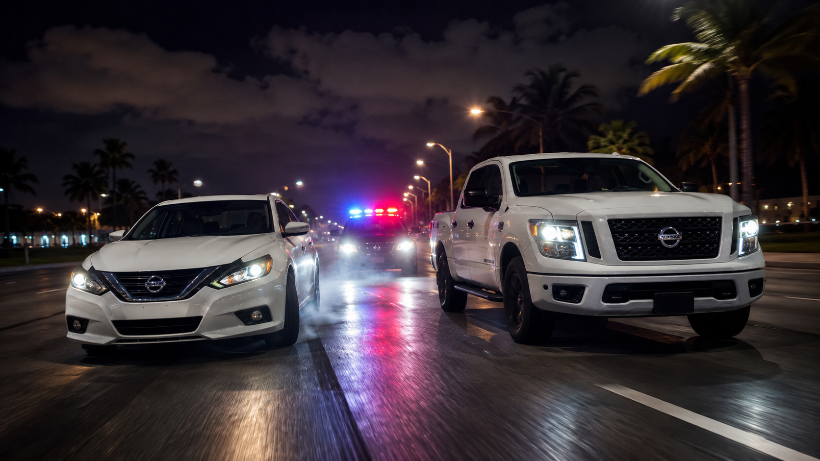 Two white vehicles on a Cape Coral roadway at night with a police vehicle and flashing lights behind them.