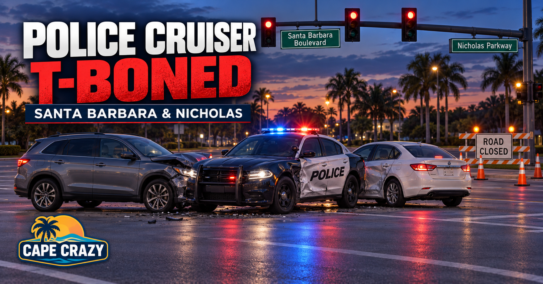 Cape Coral Police Cruiser T-Boned in Three-Vehicle Crash at Santa Barbara and Nicholas